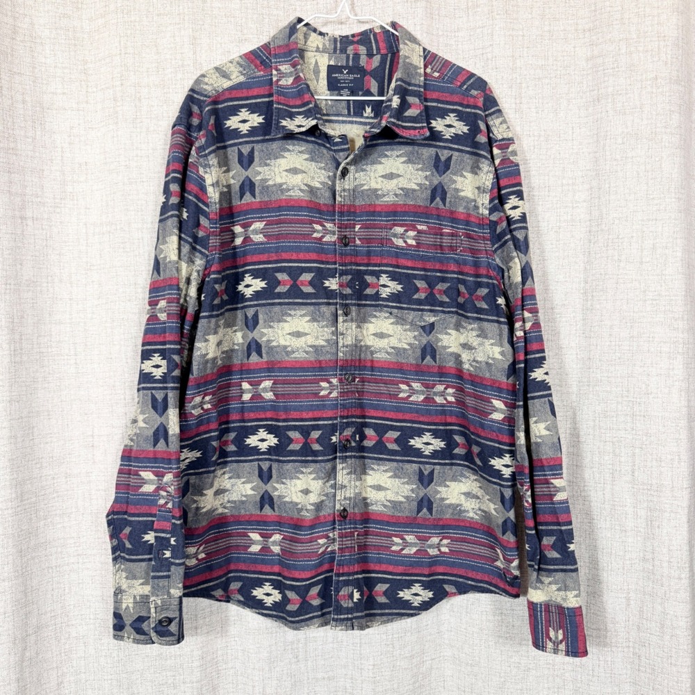 American Eagle Flannel Shirt Mens XXL Blue Red Southwestern Aztec Heritage Y2K